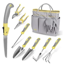 Garden Tool Set,  10 Piece Stainless Steel Heavy Duty Gardening Tool Set Yellow