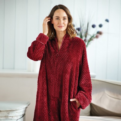 Ladies Waffle Velour Housecoat – Zip Front Full Length Dressing