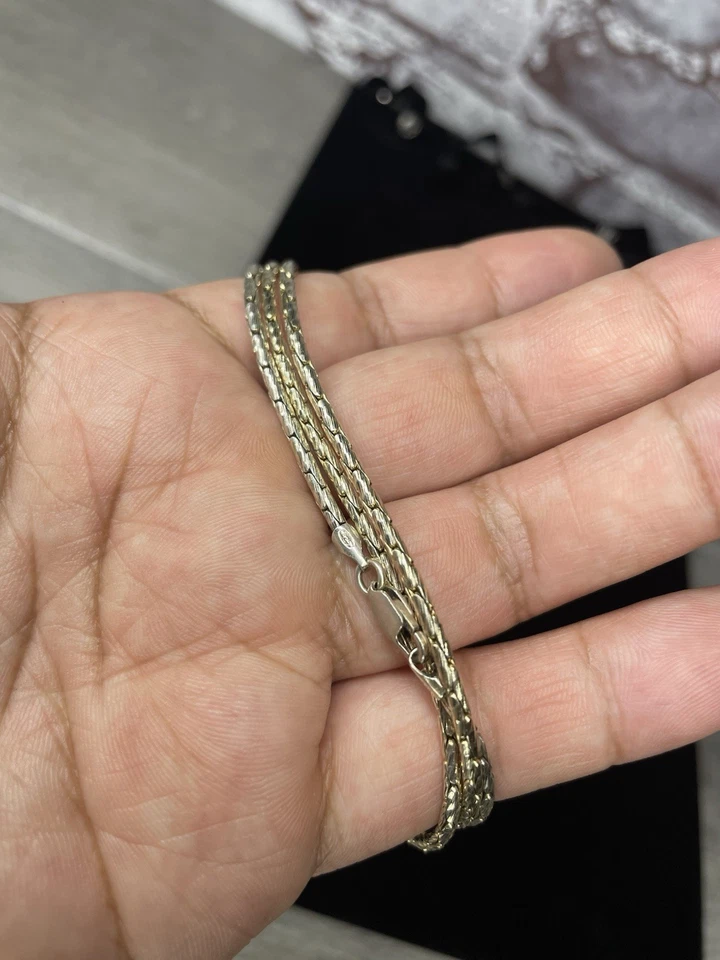 925 Silver Gold Plated Bar Chain Vintage Cut Necklace Men’s 24 In Lobster Clasp - Image 3 of 4