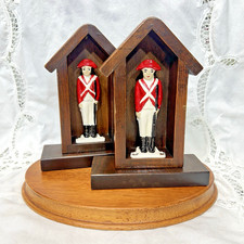 VTG 2 Cast Iron Soldier Bookends Red Coat Guards in Wooden Sentry Boxes  Quality