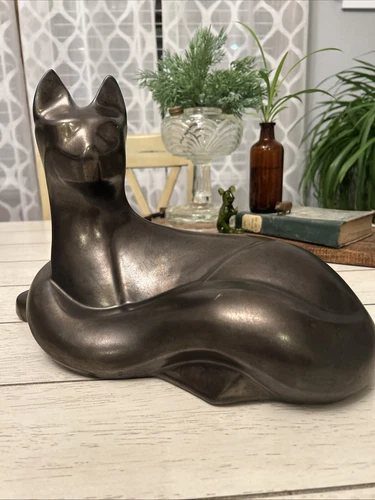 Royal Haeger Pottery Cat Sculpture Metallic Gold Glaze Art Deco Iconic MCM