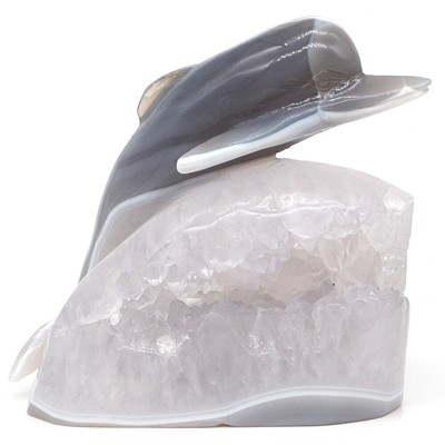 4.3'' Dolphin Natural Gems Gray Agate Geode Crystal Carved Animal Figurine Crafts