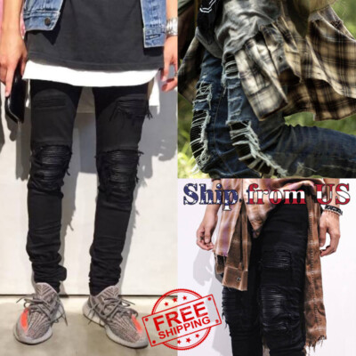 Men's Elastic Jeans Ripped Mesh Skinny Denim Casual Slim Fit Stretchable Pants