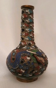 Antique Small Miniature 2.25" Chinese Cloisonné Vase with Five Bifid Dragon
