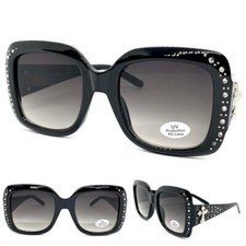 CLASSY Elegant WESTERN Rustic COWGIRL SUN GLASSES Large Black Frame Silver Cross