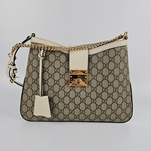 GUCCI Padlock Large $2600 Beige And Ebony GG Canvas Shoulder Bag New/Authentic