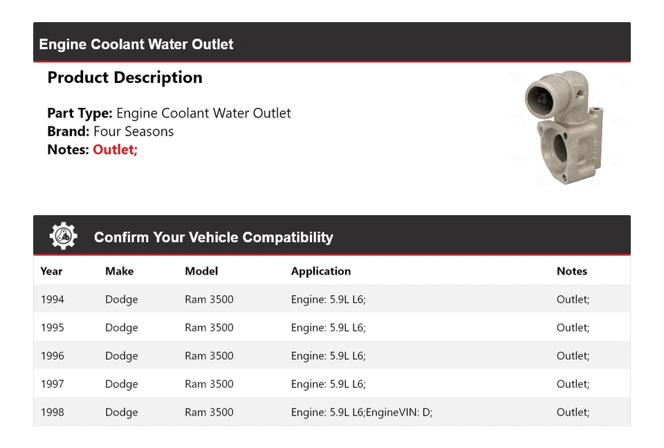 Para Dodge Ram 3500 1994-1998 motor L6 5,9 L salida de agua refrigerante 4 estaciones 1995 Foto 2 de 4