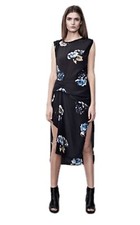 All Saints black blue white sleeveless floral ruched silk asymmetric dress sz 10