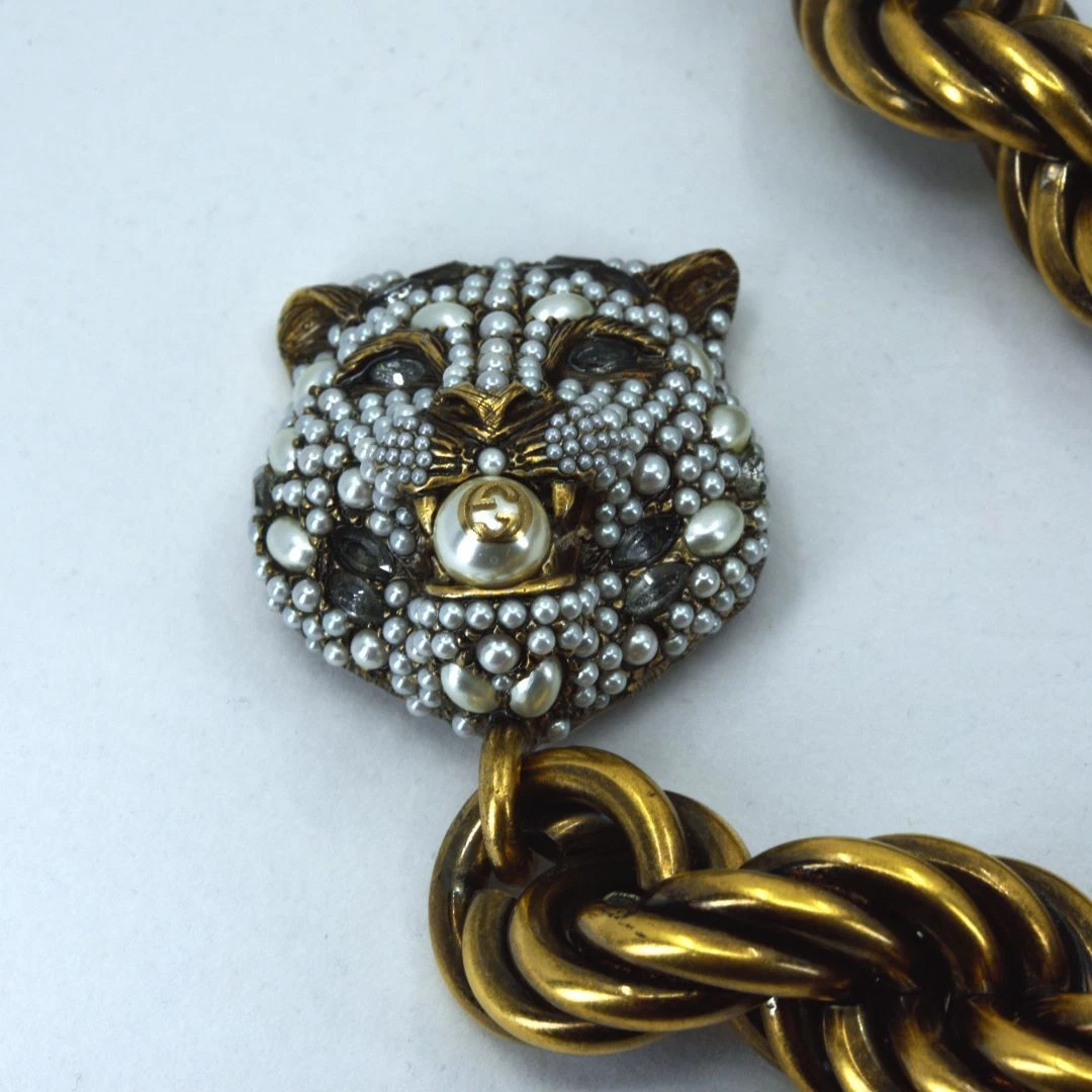 Collier tête de chat GUCCI pendentif chaîne perle dorée accessoires de mode
