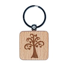 Heart Tree Valentine's Day Engraved Wood Square Keychain Tag Charm