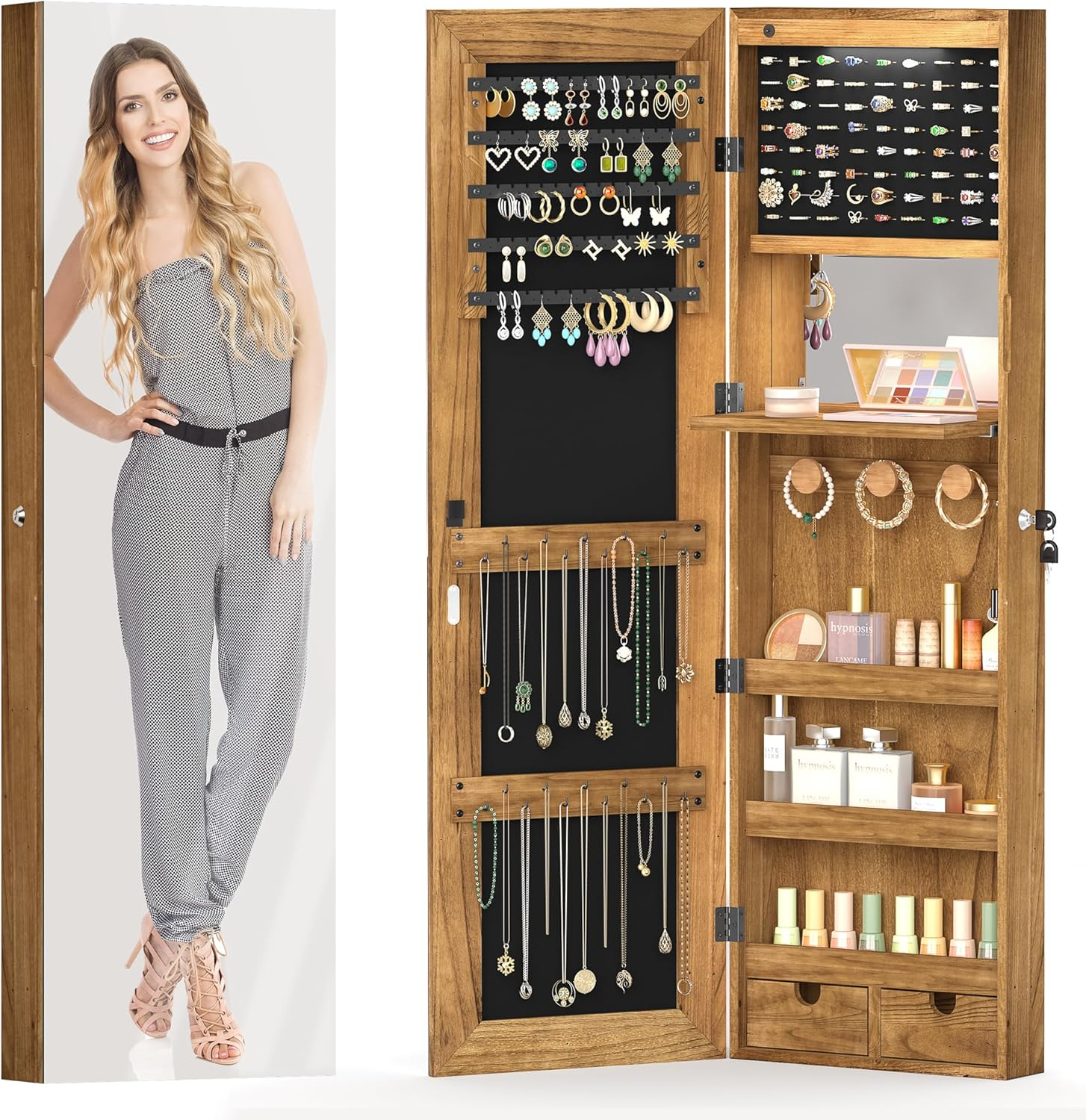 Lockable Wall or Door Mounted Jewelry Cabinet with Full-Length Mirror  