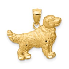 14k Yellow Gold Satin Diamond-cut Golden Retriever Dog Pendant