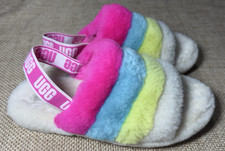 UGG Fluff Yeah Slide Stripe Neon Multi Rainbow Plush Slippers Womens US 6