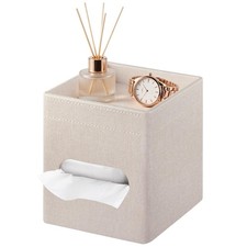 Square PU Leather Tissue Box Cover with Top Storage Tray - Modern Side-Openin...