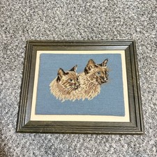 Vintage Custom Wood Framed Handmade Needlepoint Siamese Cats Kitty Cat 16.5X13.3