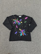 Victoria Harbour VTG Sweater Grandmacore Black Knit Multi Sequin Floral Size L