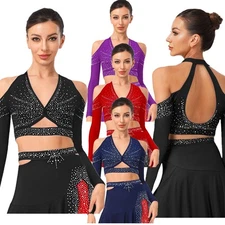 Women Crop Top Stage Costume Deep V-Neck Dancewear Jazz Long Sleeve Samba Rumba