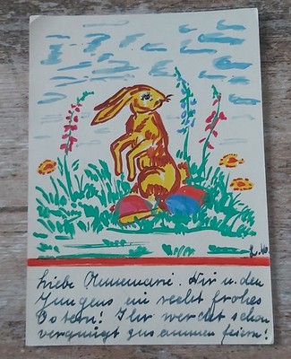Looks like homemade card with Easter bunny??? run to brühl before 45