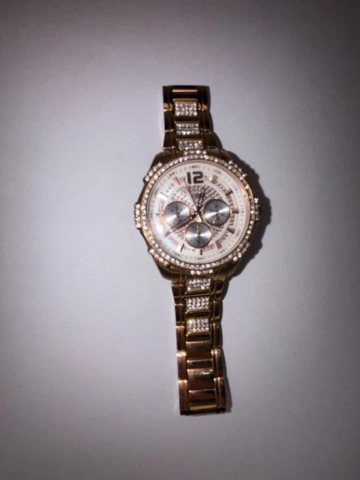 GUESS Rose Gold Watch with Crystal Embellishments On The Bezel and Bracelet. - Image 4 of 4