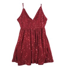 Red Sequin Mini Dress Lace Up Back V-Neck Party Cocktail Sleeveless Womens Large