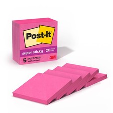 Post-it Super Sticky Notes, 5 Note Pads, 3 3 Inch x 3 Inch, Power Pink