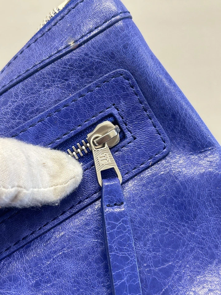 Authentic BALENCIAGA Crushed Leather Clutch Bag Black Men's City Pouch Blue - Image 2 of 4