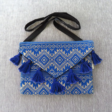 Mexican Embroidered Crossbody Bag Purse Blue Diamond Tassel Boho Envelope Clutch