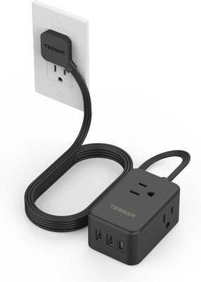 Flat Black Extension Cord,  Ultra Thin Power Strip with 3 USB Wall Charger (1 US