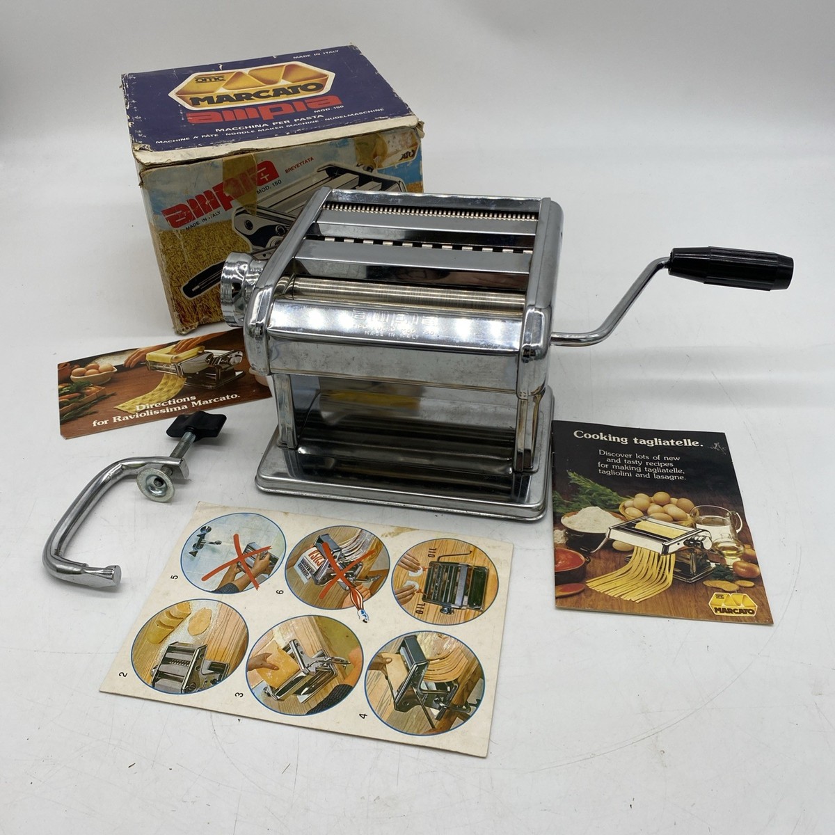 Vintage Marcato Ampia 150 Pasta Machine With Clamp & Hand Crank In