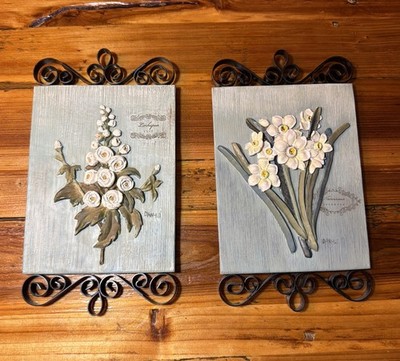 Vintage Pair of 3D Flowers Wall Art Plaques Ceramic Resin Signed Danhui Nai