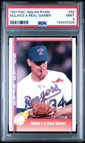 NOLAN RYAN 1991 PACIFIC #92 “NOLAN'S A REAL GAMER” Bloody Face - PSA 9 Mint