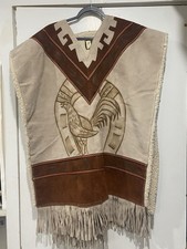 Mejia Unisex Mexico Poncho Coat Bird Fringe Fleece Lined One Size Aztec Brown