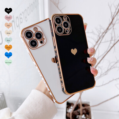 Cute Heart Plating Soft TPU Case For iPhone 16 15 Pro Max 14 13 12 11 XS XR 8 7+