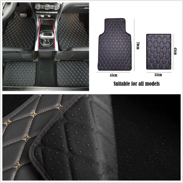 4 X Black W Beige Line Pu Leather Car Interior Floor Mats Carpet