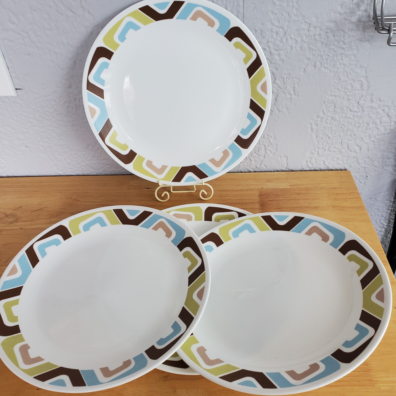 Set of 4 Corelle Vitrelle Squared Blue Green Brown Geometric Dinner