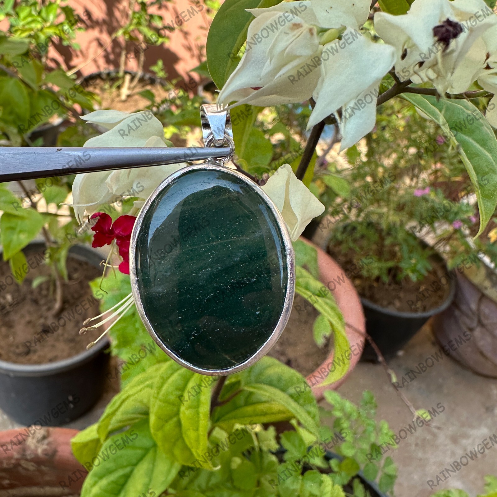 Natural Certified Green Jade 72 Carat Cabochon Pendant in 925 Sterling Silver