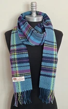 100% CASHMERE SCARF Plaid Blues / Purple / Lime Made in England Warm Wool #V09