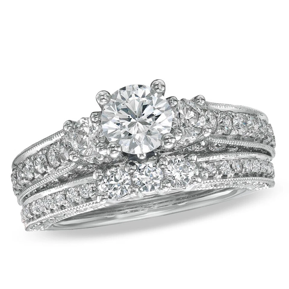 Vera Wang 1/4Ct White Round Cut CZ Halo Wedding Ring Matching 14K White Gold Set - Image 2 of 4