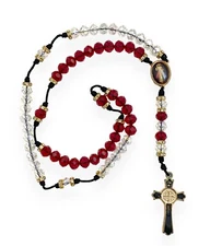 Divine Mercy Red Clear Crystal Beads Rosary Necklace Rosario Divina Misericordia