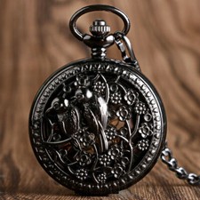 Vintage Flower Birds Skeleton Mechanical Hand Winding Pocket Watch Chain Gift
