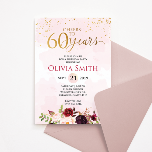 60th Birthday Invitation, Red Flowers - Picture 1 of 2