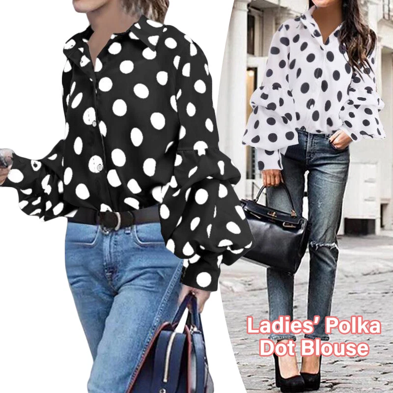 Women Polka Dot V Neck Wrap Shirt Long Sleeve Tops Blouse Black White Plus  Size