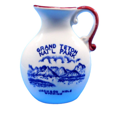 Grand Teton National Park Pitcher Blue & White Pottery Left Handed Jackson Hole