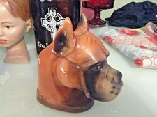 BOXER DOG BUST VINTAGE PORCELAIN CERAMIC BLACK TAN LARGE FACE PLANTER VASE 1950s