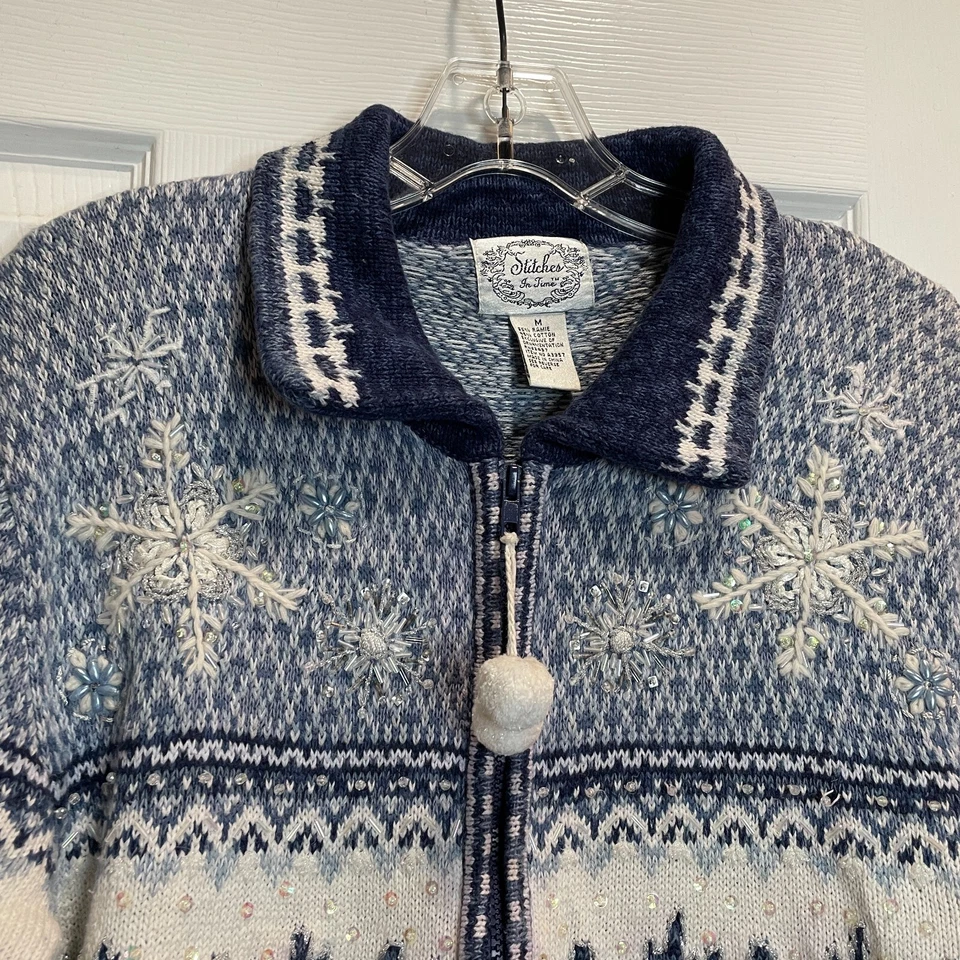 Cárdigan de vacaciones Stitches in Time cremallera nieve novedad tejido suéter con cuentas talla mediana Foto 2 de 4