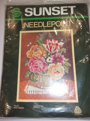 Vintage Needlepoint Sunset Tulip and Roses Kit 6320 Flowers Barbara Baatz 11X 14