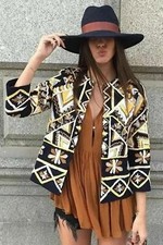 ZARA NEW EMBROIDERED BEADED JACKET NAVY BLUE YELLOW SIZE S REF. 7521/272