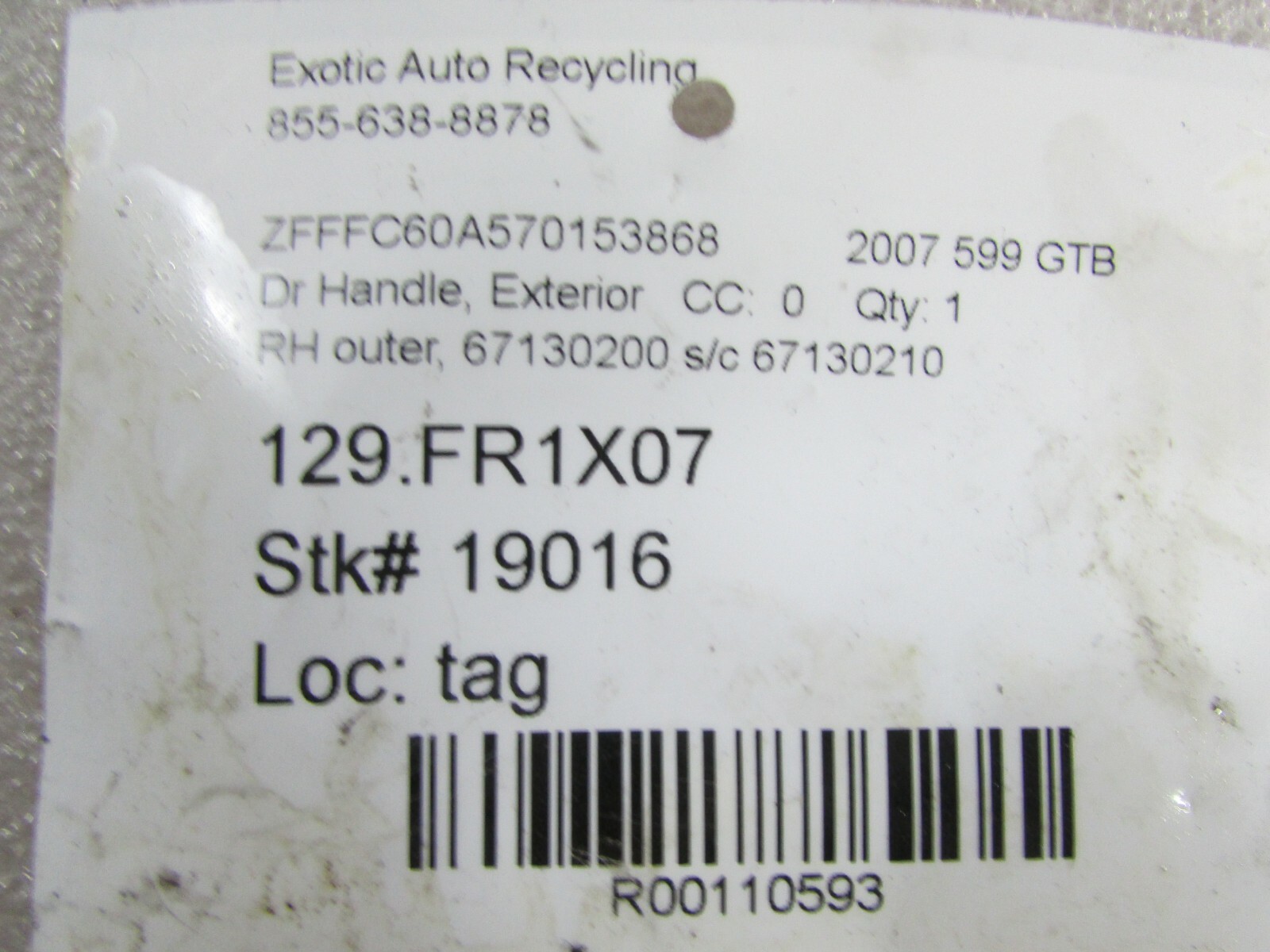Ferrari 599 GTB, RH, Right Outer Door Handle, Used, P/N 67130200 