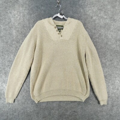 Eddie Bauer Sweater Mens Extra Large Tall Beige Chunky Knit w Henley Collar