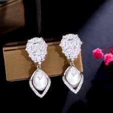 Silver Plated Pearl Long Drop Earrings Cubic Zircon Women Elegant Bridal Jewelry